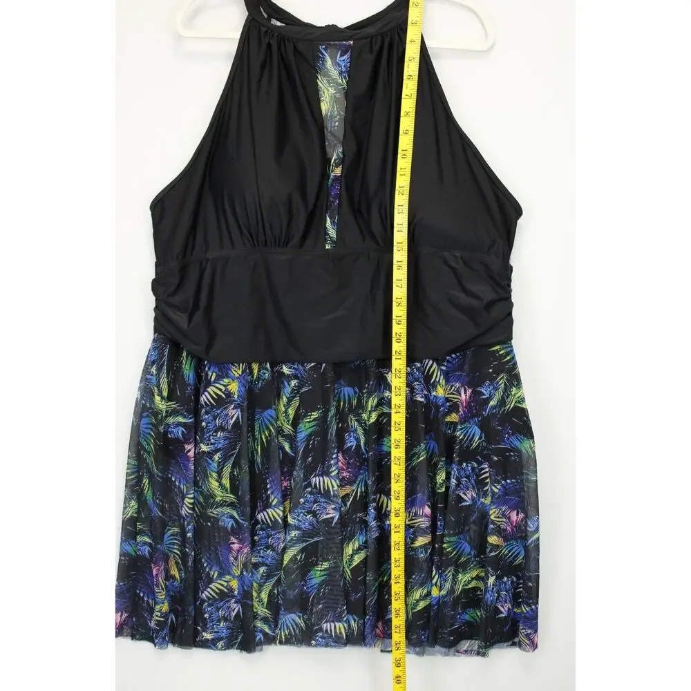 Bloomchic Swim Dress Halter Sheer Skirt‎ Women 28 Black Floral Swimwear